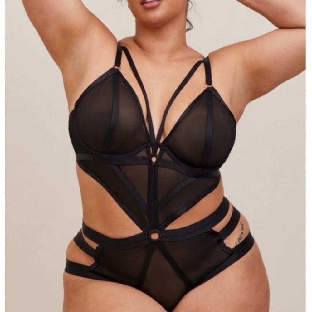 Torrid Overt Strappy Cutout Mesh Bodysuit Lingerie Black